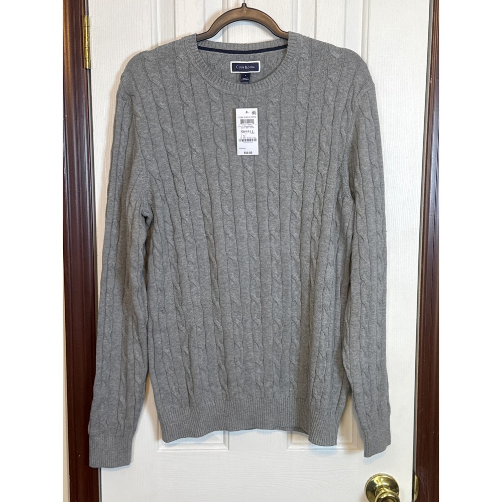 Club Room Cable Knit Sweater Crew Neck Pullover Soft Gray‎ Heather Small